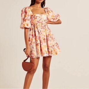 Abercrombie & Fitch Pink Floral Puff-Sleeve Mini Dress